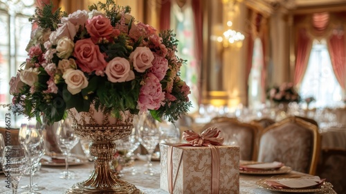 Elegant Floral Arrangement in Opulent Dining Room