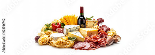 Wallpaper Mural An elegant bouquet composed of classic Italian food products: fresh pasta, assorted cheeses, cured meats, a bottle of wine, and artisanal grocery items.  Torontodigital.ca