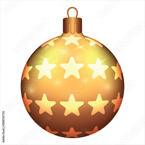 Beautiful gold Christmas balls with star patterns and glitter on white background. Decorations for New Year tree and Christmas design. Vector realistic object Illustration 10 EPS