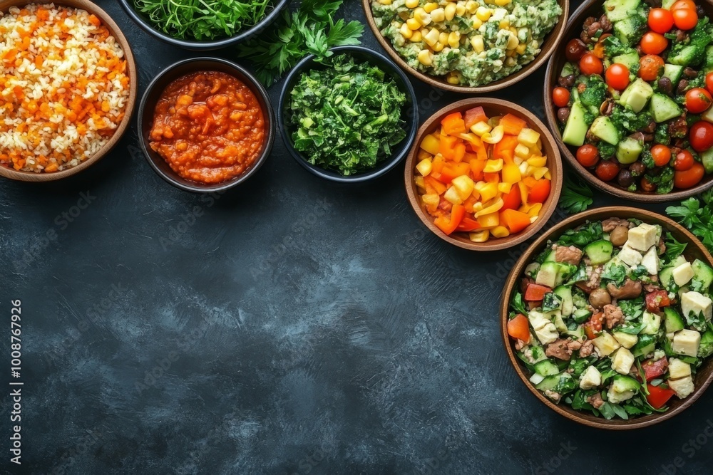 Assortment of Delicious Salads with Copy Space for Food Blog or Recipe Assortment of Delicious Salads with Copy Space for Food Blog or Recipe