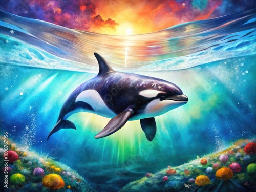 Vibrant Watercolor Artwork of an Orca Whale Swimming Gracefully Through the Ocean's Depths photo