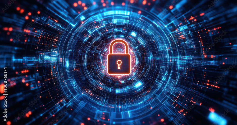 A futuristic digital background features a padlock surrounded by glowing technology elements, highlighting concepts of security and cybersecurity A futuristic digital background features a padlock surrounded by glowing technology elements, highlighting concepts of security and cybersecurity