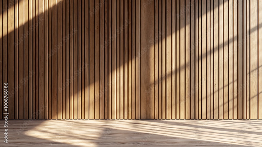 Wall with wood background. Panels with wood texture. Vertical slats in the interior design of an empty studio room. 3D architecture with window shadow overlay. Wall with wood background. Panels with wood texture. Vertical slats in the interior design of an empty studio room. 3D architecture with window shadow overlay.