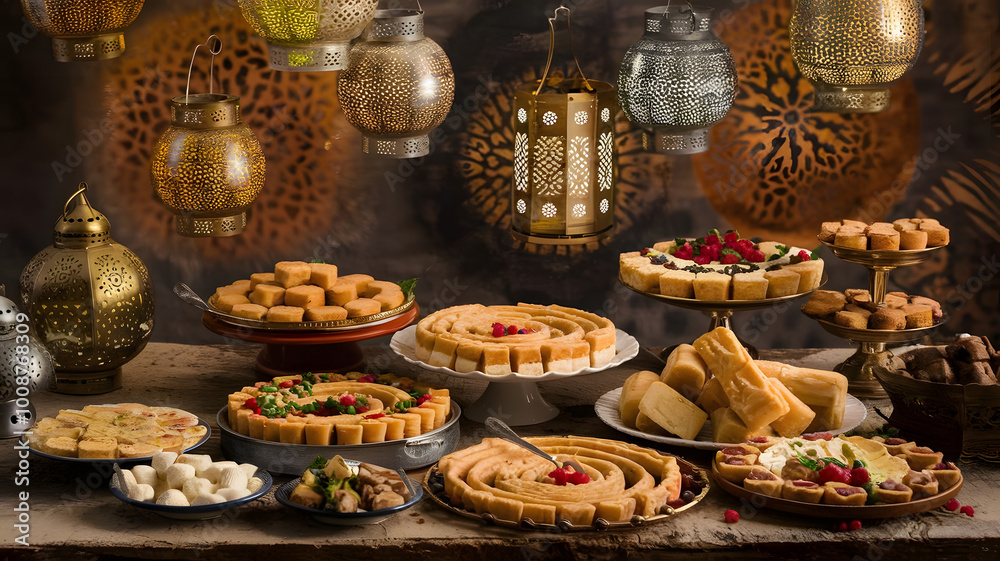 A rustic table filled with a spread of Arabic desserts like kunafa, baklava, and basbousa, set against a backdrop of decorative lanterns.
A rustic table filled with a spread of Arabic desserts like kunafa, baklava, and basbousa, set against a backdrop of decorative lanterns.