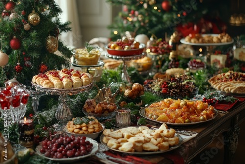 Festive Christmas Table Setting with Delicious Desserts and Decorations