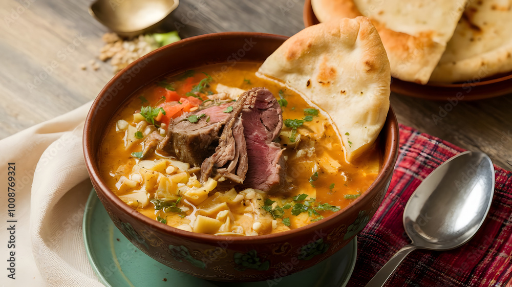 A steaming bowl of traditional Arabic freekeh soup, with a hearty broth and tender chunks of lamb, served with a side of flatbread.
A steaming bowl of traditional Arabic freekeh soup, with a hearty broth and tender chunks of lamb, served with a side of flatbread.