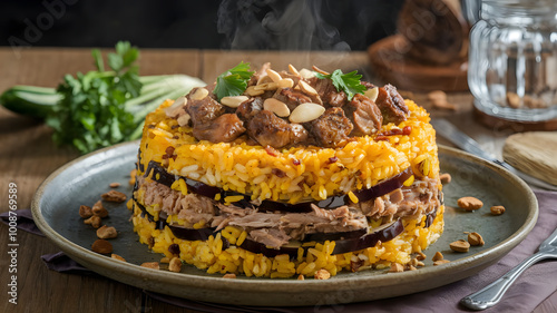 A delicious Maqluba dish with golden rice, tender meat, and layered eggplant, beautifully arranged and garnished with roasted almonds and parsley, served on a large round platter.






