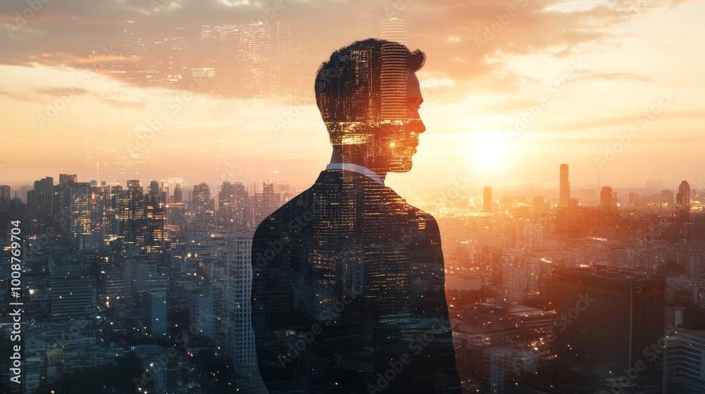 A man standing in front of a glass window, double exposure, silhouette of businessman or worker in an office space with golden hour lighting, professional photography A man standing in front of a glass window, double exposure, silhouette of businessman or worker in an office space with golden hour lighting, professional photography