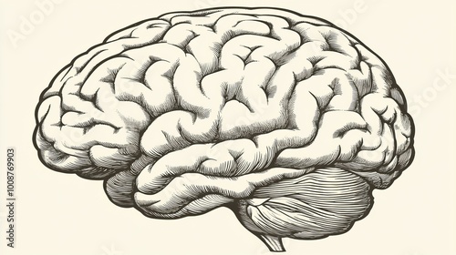 An illustration of a human brain isolated on a light background with copy space, suitable for educational or scientific projects