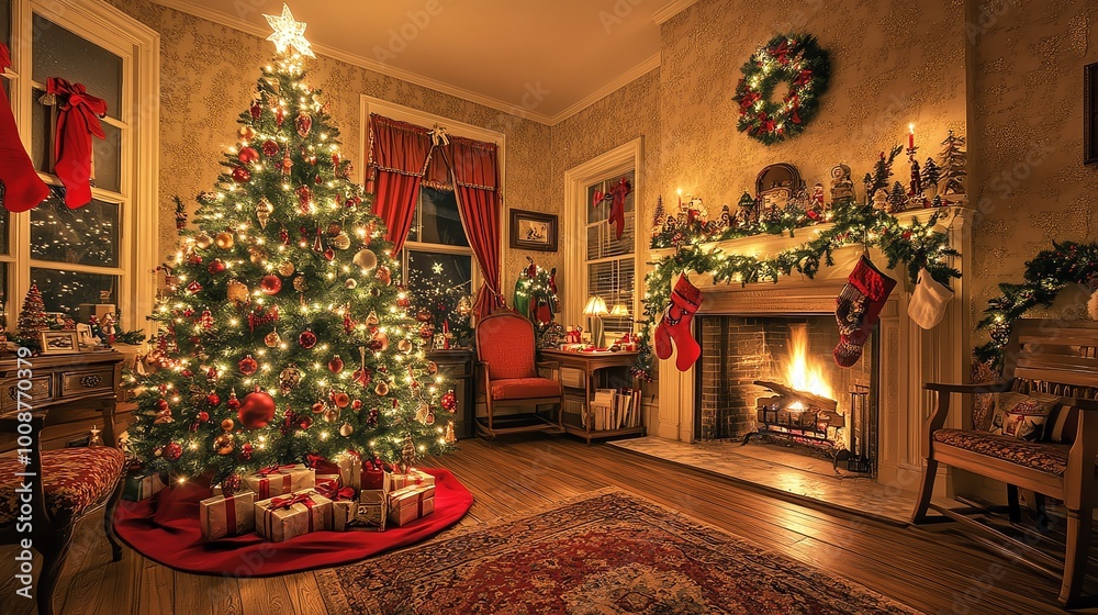 Christmas tree in a warm living room.