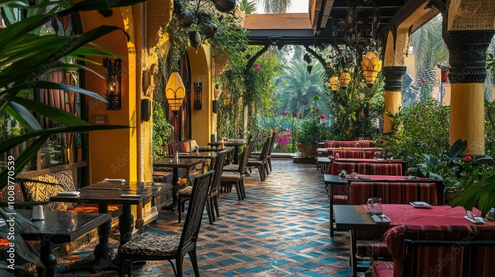 Obraz premium View of an outdoor seating area in a South Asian restaurant with a garden view. No people, copy space available