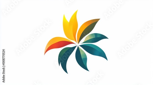 Stylized, multicolored flower with overlapping petals in a gradient of colors ranging from yellow to dark blue