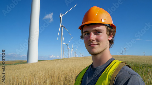 A young engineer wearing a hard hat stands near wind turbines at an energy plant, symbolizing renewable energy and sustainability..