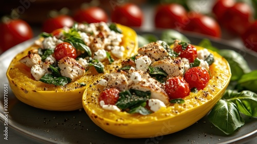 Warm spaghetti squash with chicken, spinach, and roasted tomatoes is delicious photo
