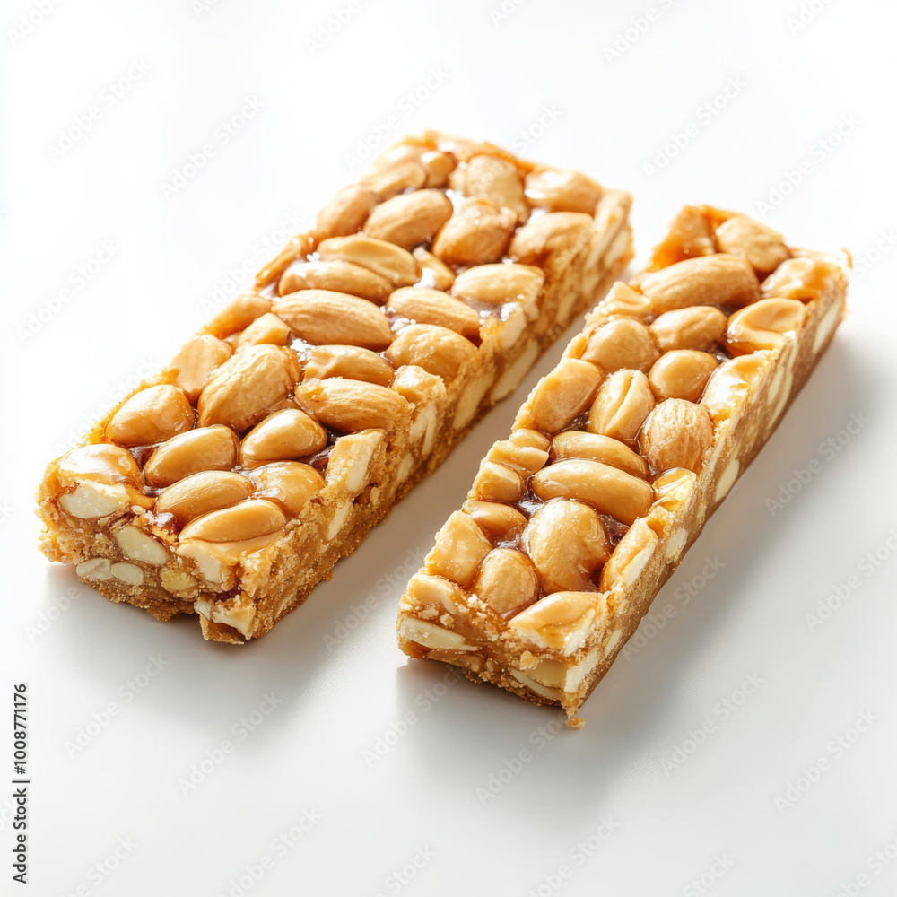 A close-up of a peanut bar, isolated on a clean white background, showcasing its simple and crunchy texture, perfect for snack or food-related content.. A close-up of a peanut bar, isolated on a clean white background, showcasing its simple and crunchy texture, perfect for snack or food-related content..