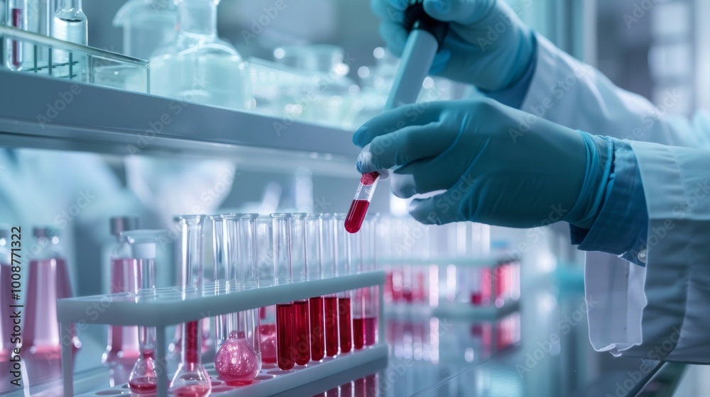 A scientist is working with red liquid in a lab A scientist is working with red liquid in a lab