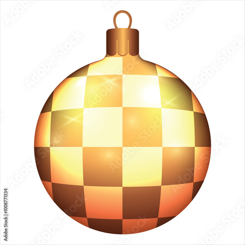 Beautiful gold Christmas balls with square patterns and glitter on white background. Decorations for New Year tree and Christmas design. Vector realistic object Illustration 10 EPS