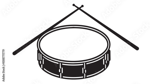Black silhouette of a snare drum and two drumsticks, simple design, vector-style logo on a white background, 
