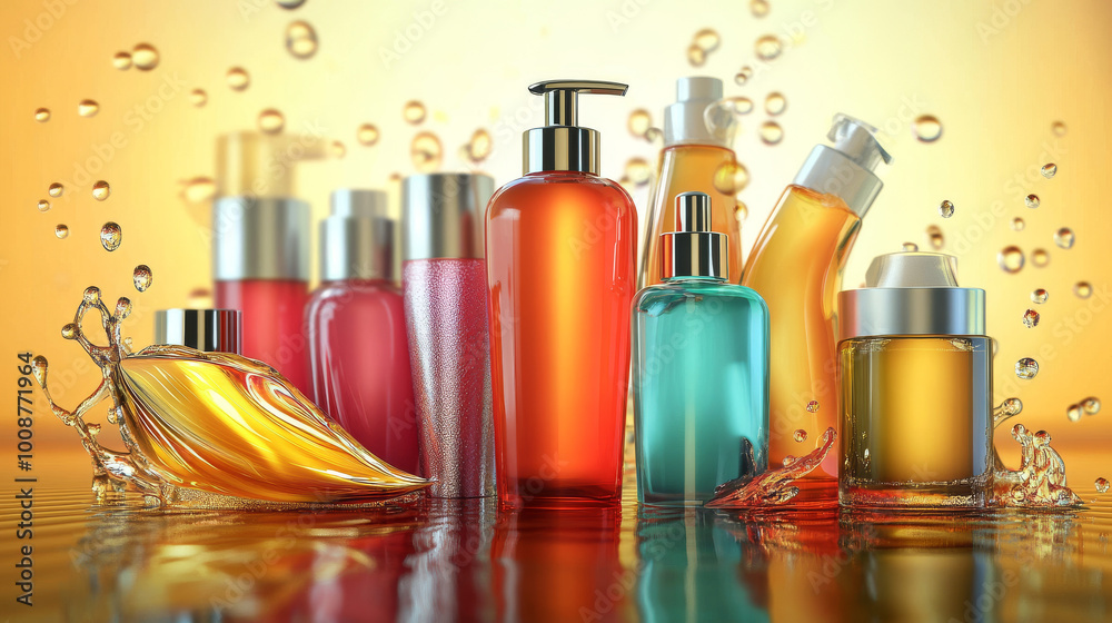 This image shows different hair care products, like shampoo with vitamins or serum, for repairing damaged hair. It's a 3D illustration. This image shows different hair care products, like shampoo with vitamins or serum, for repairing damaged hair. It's a 3D illustration.