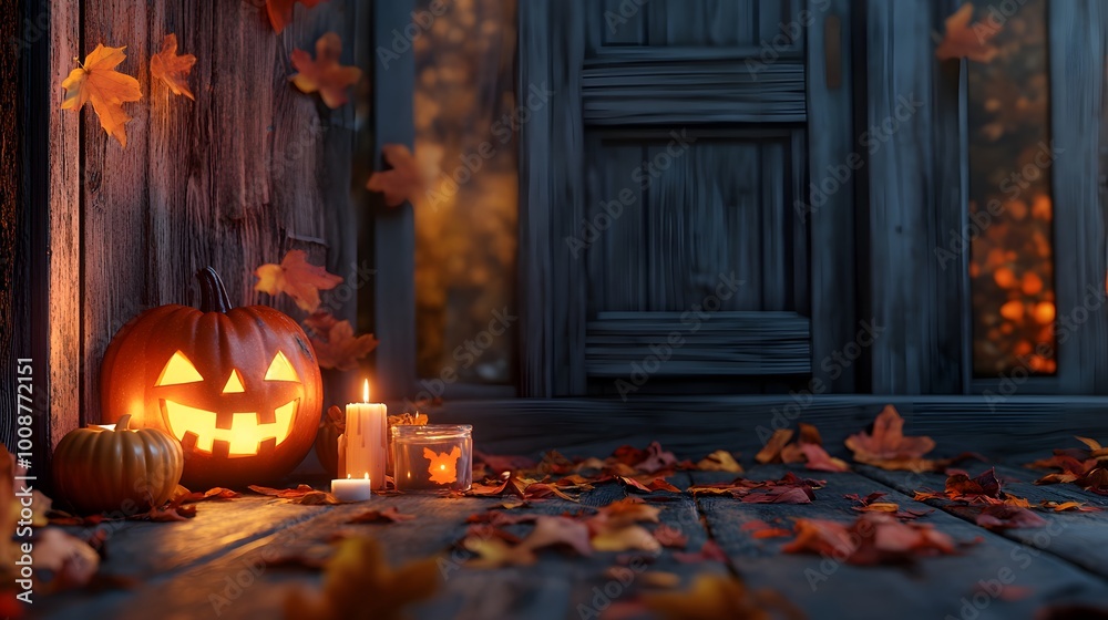 Obraz premium A pumpkin with a smiley face on it sits on a porch next to candles and leaves. The scene is set in autumn, with the pumpkin and leaves adding a festive touch to the setting. The candles provide a warm