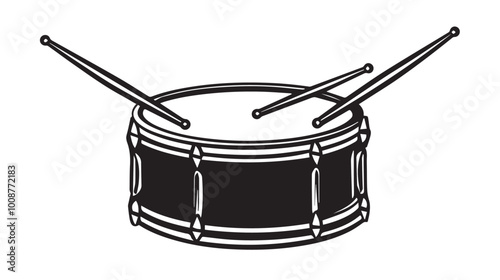 Black silhouette of a snare drum and two drumsticks, simple design, vector-style logo on a white background, 