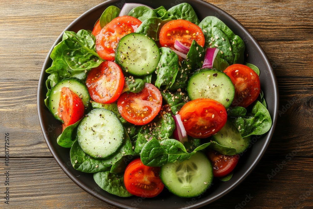 Fresh Green Salad with Tomatoes Cucumber Spinach and Red Onion Fresh Green Salad with Tomatoes Cucumber Spinach and Red Onion