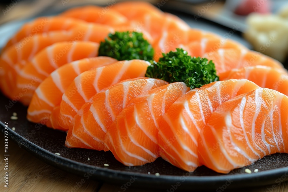 Fresh Sliced Salmon Sashimi on Black Plate with Parsley Garnish Fresh Sliced Salmon Sashimi on Black Plate with Parsley Garnish