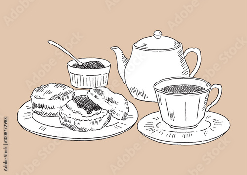 紅茶とスコーンペン画