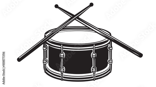 Black silhouette of a snare drum and two drumsticks, simple design, vector-style logo on a white background, 