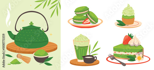 Delicious Matcha Desserts and Teapot Illustration