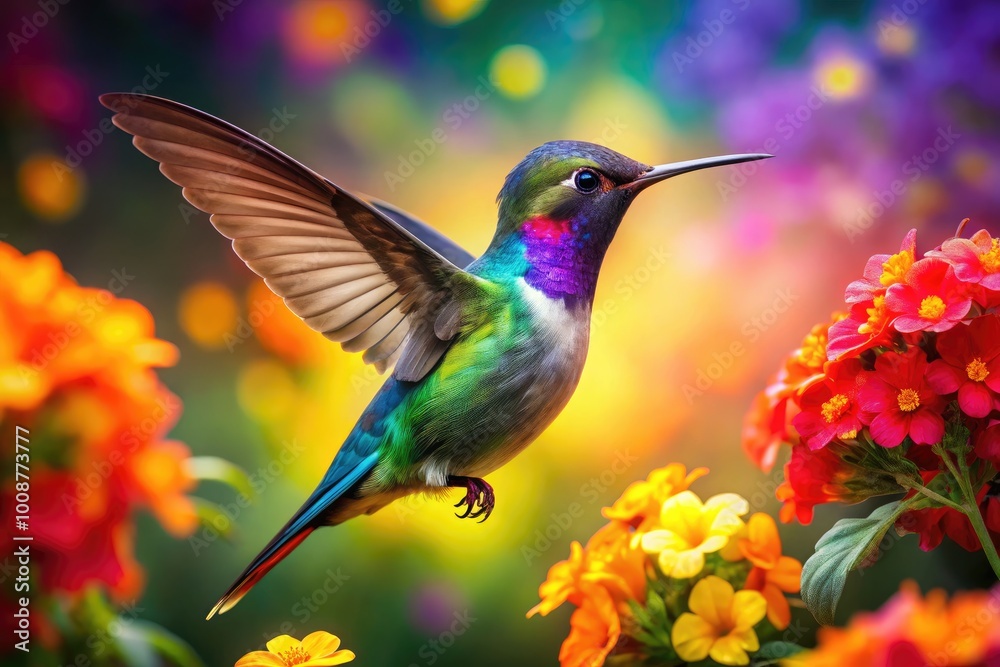 Fototapeta premium Vibrant Watercolor Hummingbird Art with Lush Floral Background and Bright Colorful Accents