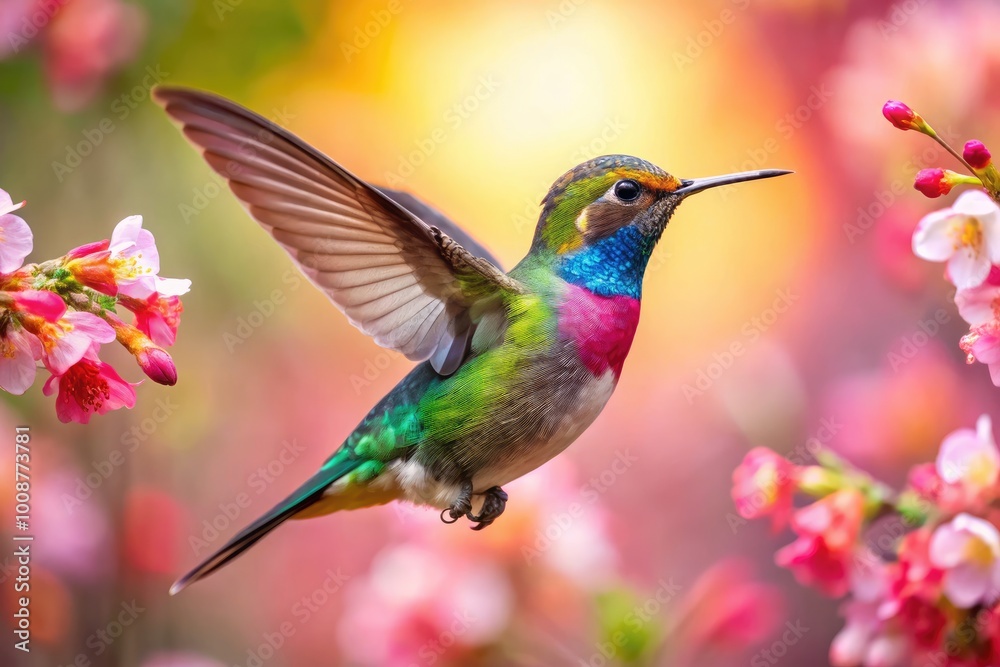 Fototapeta premium Vibrant Watercolor Hummingbird in Flight with Colorful Blossoms Against a Soft Background