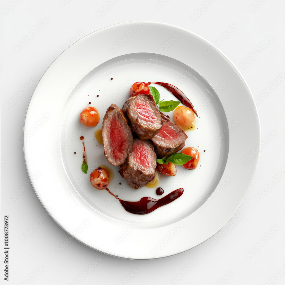 A plate of cultivated meat in a bright and modern restaurant, gourmet presentation