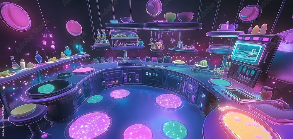 Neon lights futuristic bar interior