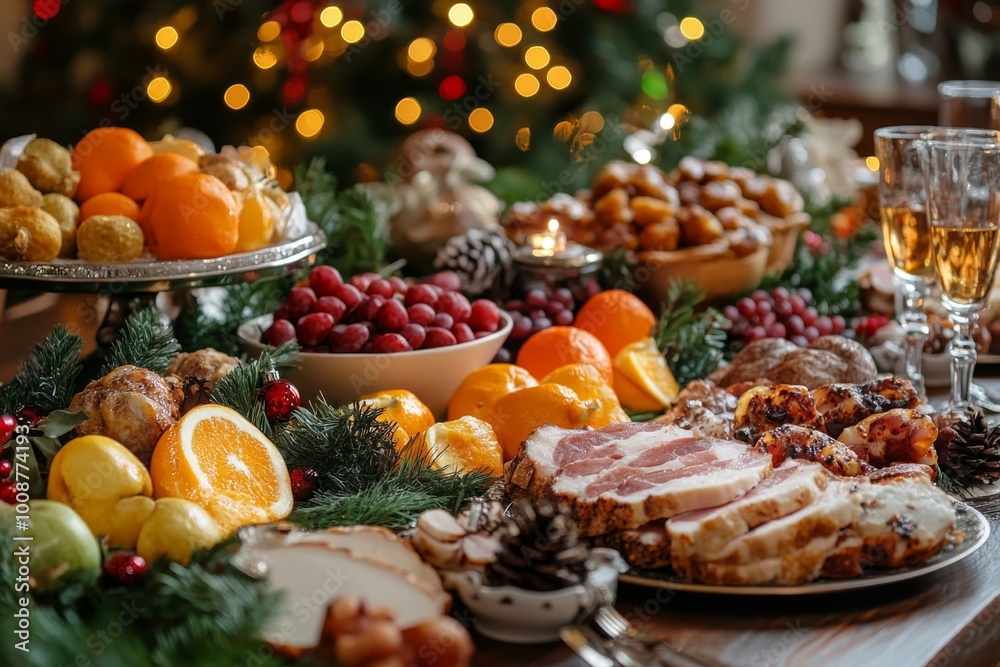 Festive Christmas Dinner Table with Roast Meat Fruits and Drinks Festive Christmas Dinner Table with Roast Meat Fruits and Drinks