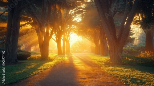 The bright sun is shining down through the trees in a beautiful park