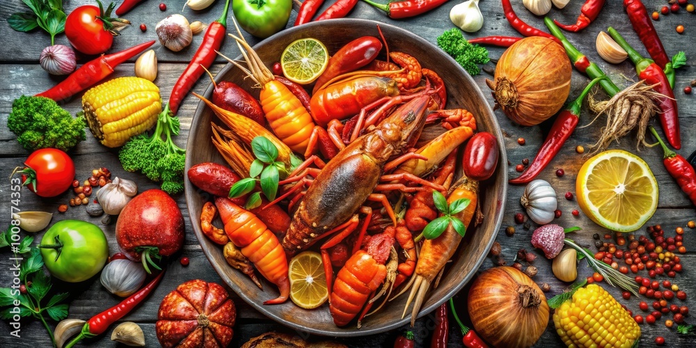 Vibrant Watercolor Illustration of a Crawfish Boil with Spices, Vegetables, and Delicious Seafood Feast Vibrant Watercolor Illustration of a Crawfish Boil with Spices, Vegetables, and Delicious Seafood Feast