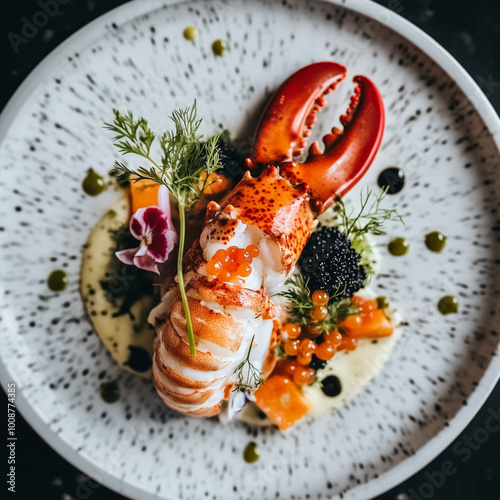 Gourmet plate, a lobster (shelled and without the claws) with caviar on it, small prestigious vegetables and some small flowers for decoration. 