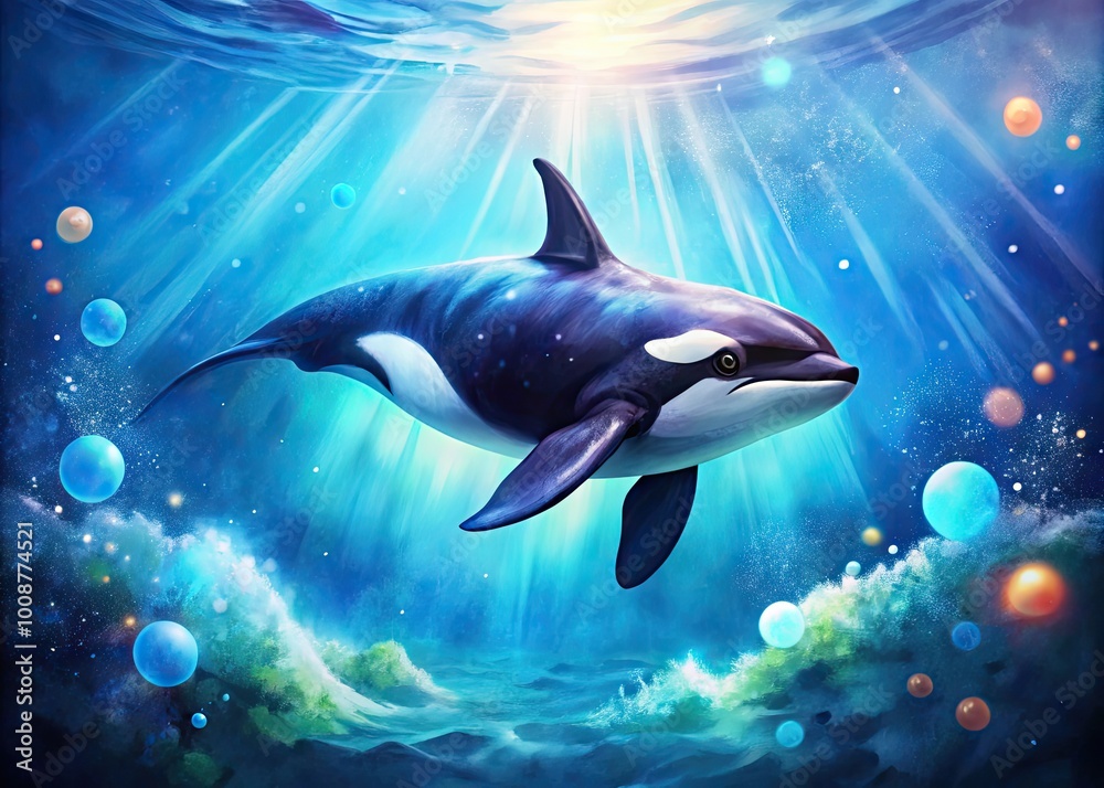 Fototapeta premium Vibrant Watercolor Illustration of a Majestic Killer Whale Swimming in the Deep Ocean Blue Waters