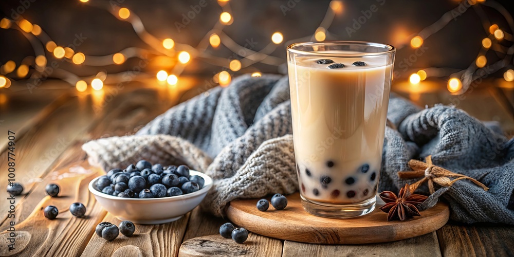 A comforting beverage with boba pearls and a cozy atmosphere, adorned with scattered blueberries and a touch of star anise. A comforting beverage with boba pearls and a cozy atmosphere, adorned with scattered blueberries and a touch of star anise.