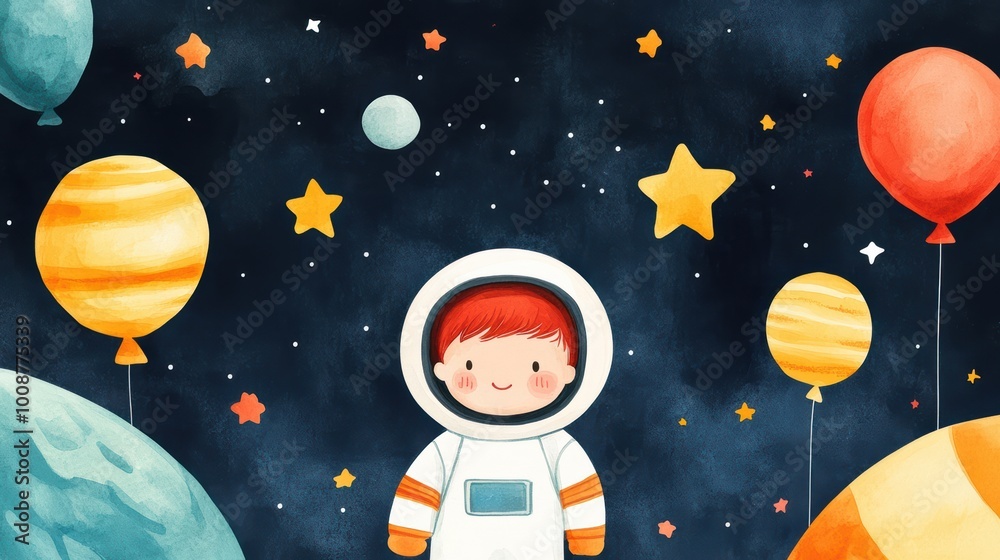 Naklejka premium watercolor style cartoon illustration of cute kid wearing spacesuit explore in outer space with planet, balloons and star, isolated on white background, collection set, Generative Ai