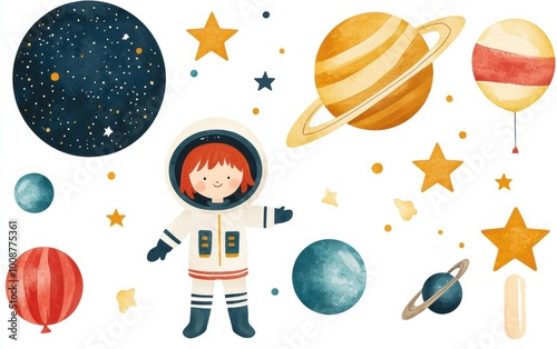 Wallpaper Mural watercolor style cartoon illustration of cute kid wearing spacesuit explore in outer space with planet, balloons and star, isolated on white background, collection set, Generative Ai Torontodigital.ca