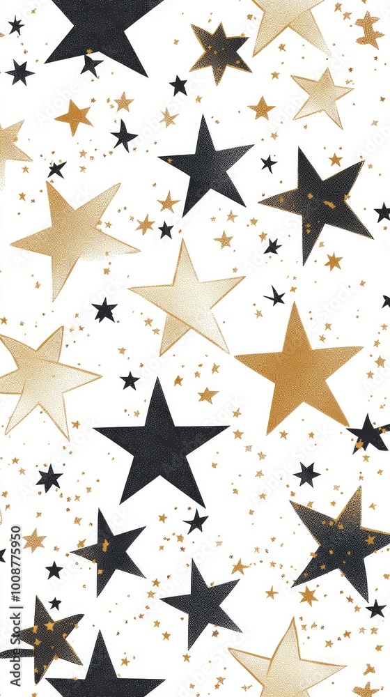 Hand-Drawn Vector Star Garland Seamless Pattern in Gold and Black on White Background