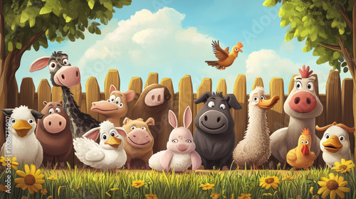 This set of cute cartoon pictures shows farm animals like dogs, cats, pigs, donkeys, goats, turkeys, rabbits, cows, pigeons, sheep, chickens, ducks, and hens. photo