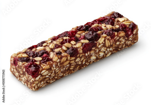 A close-up of a multi-grain bar featuring pieces of freeze-dried fruit, highlighting the texture and wholesome ingredients on a white background..