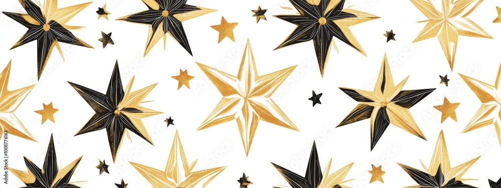 Hand-Drawn Vector Star Garland Seamless Pattern in Gold and Black on White Background Hand-Drawn Vector Star Garland Seamless Pattern in Gold and Black on White Background