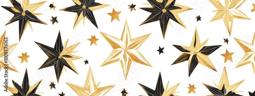 Hand-Drawn Vector Star Garland Seamless Pattern in Gold and Black on White Background