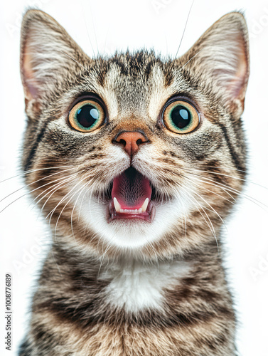 A wide-eyed, surprised cat looks directly at the camera, standing out against a plain white background. The image has a humorous and playful tone..