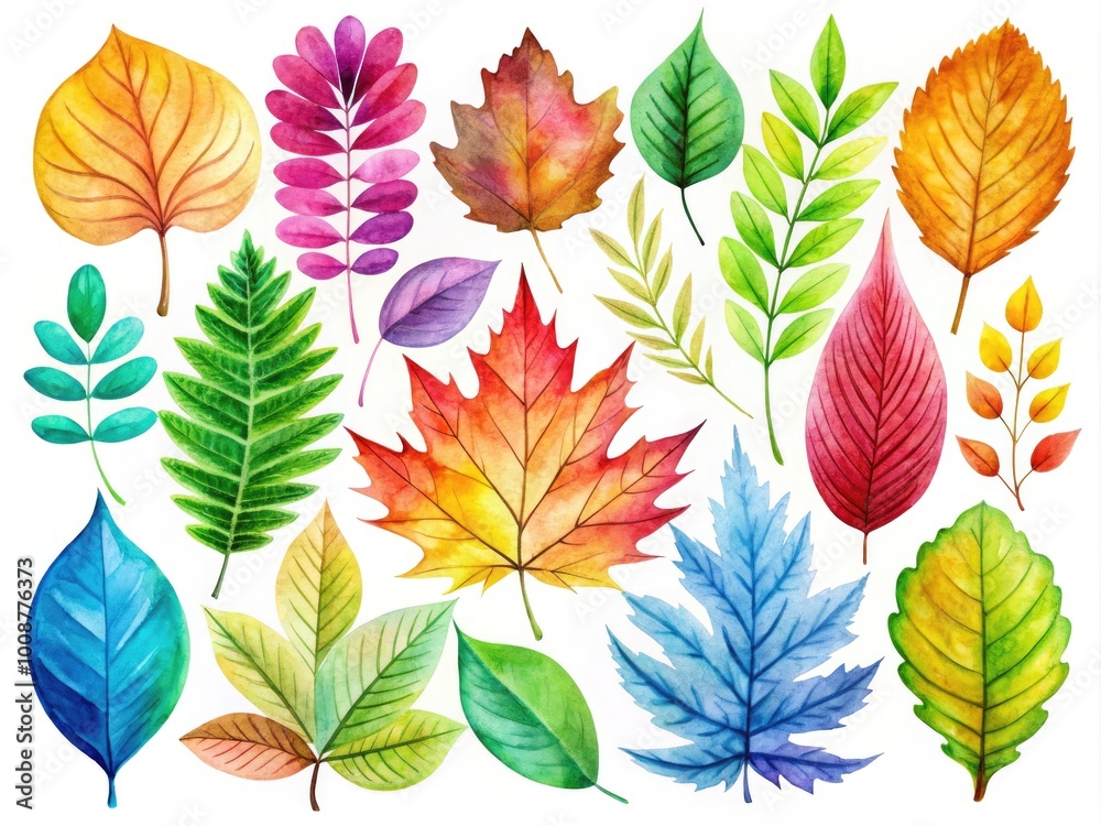 Obraz premium Vibrant Watercolor Leaf Clipart Collection for Creative Projects and Nature-Inspired Designs