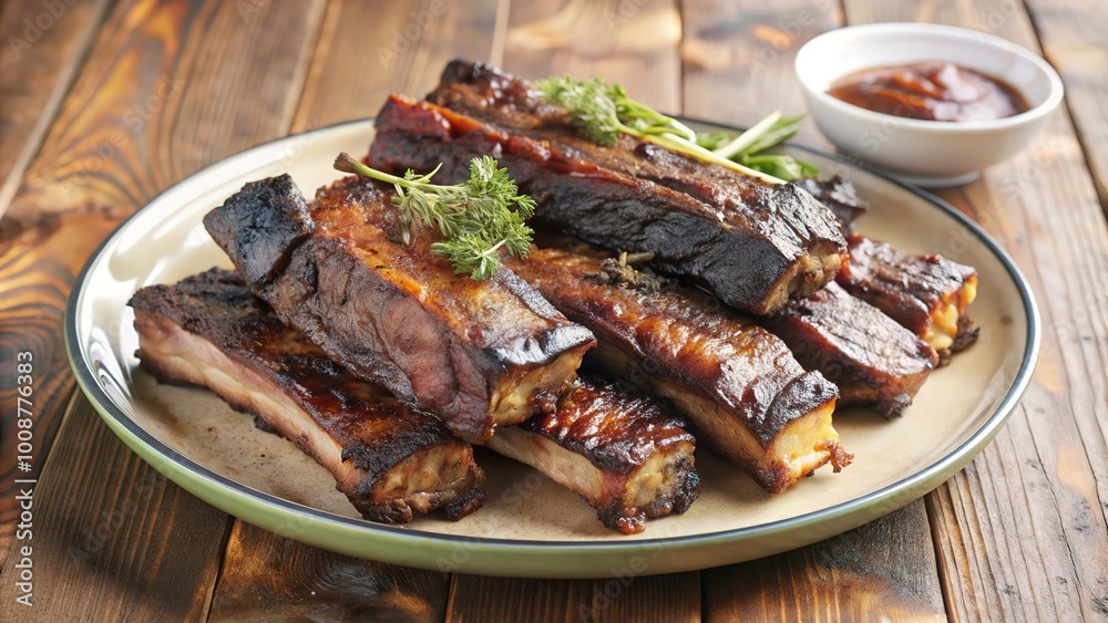 Tender beef ribs served on a rustic wooden table with a side of barbecue sauce and garnished with fresh herbs Tender beef ribs served on a rustic wooden table with a side of barbecue sauce and garnished with fresh herbs